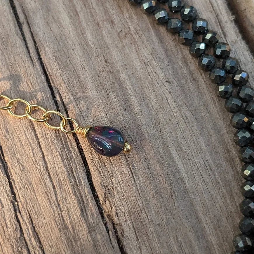 Pyrite, Gray Pearl, Labradorite & Black Opal Pendant Necklace