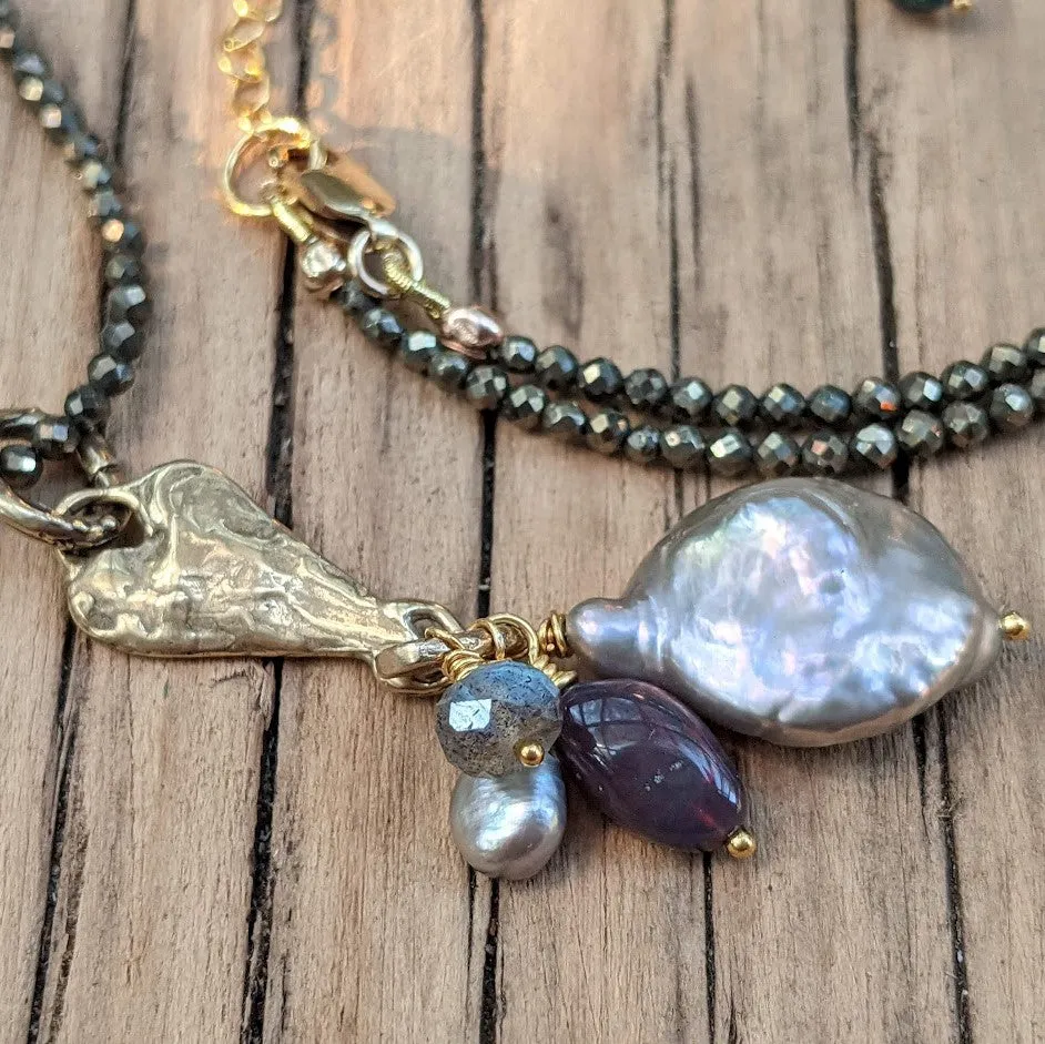 Pyrite, Gray Pearl, Labradorite & Black Opal Pendant Necklace