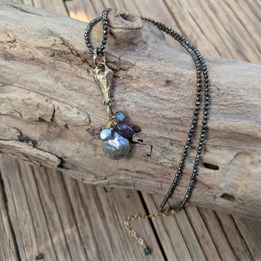 Pyrite, Gray Pearl, Labradorite & Black Opal Pendant Necklace