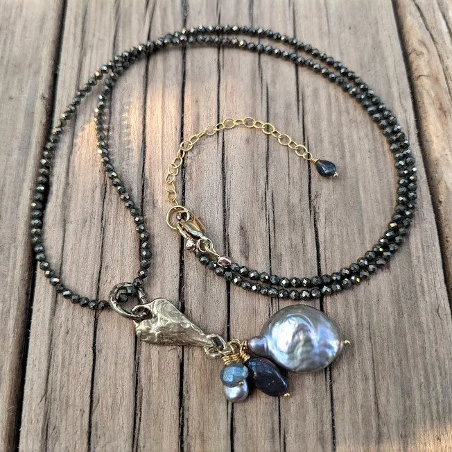 Pyrite, Gray Pearl, Labradorite & Black Opal Pendant Necklace