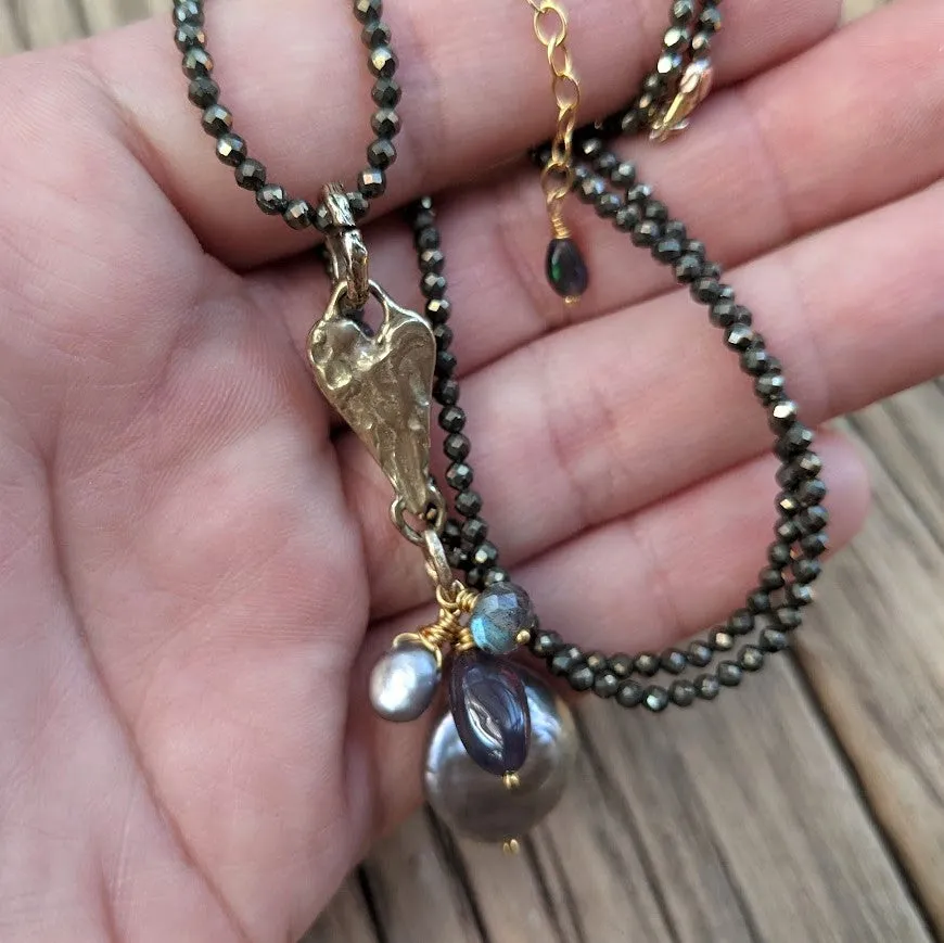 Pyrite, Gray Pearl, Labradorite & Black Opal Pendant Necklace