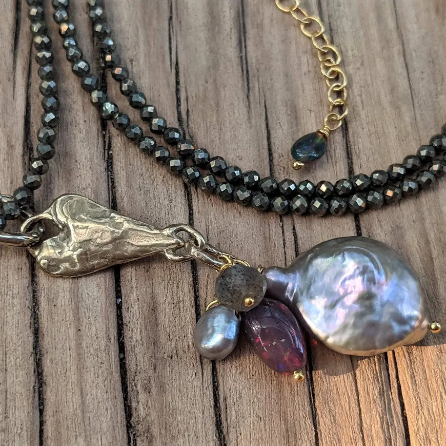 Pyrite, Gray Pearl, Labradorite & Black Opal Pendant Necklace