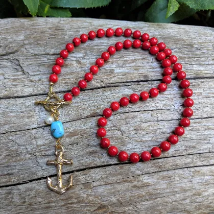 Red Coral Anchor Pendant Necklace with Turquoise and Pearl