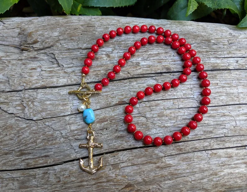 Red Coral Anchor Pendant Necklace with Turquoise and Pearl