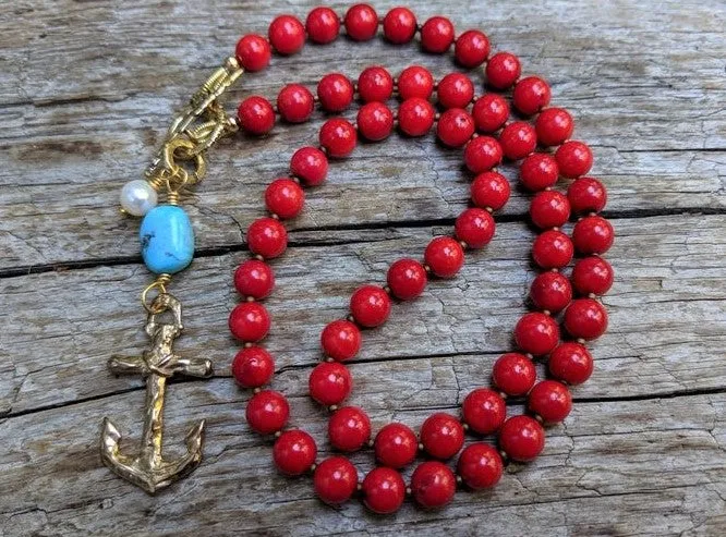 Red Coral Anchor Pendant Necklace with Turquoise and Pearl