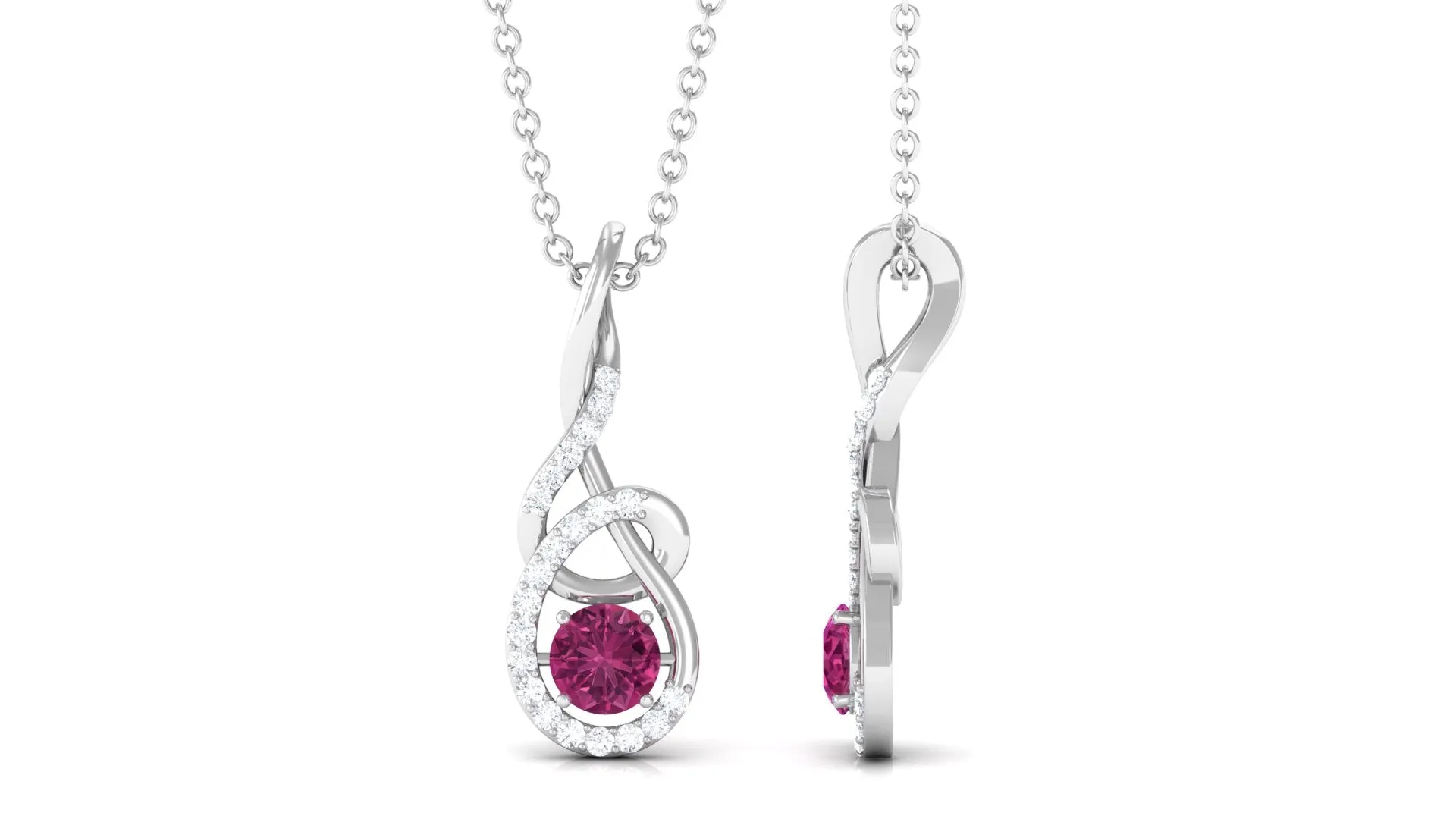 Round Pink Tourmaline and Diamond Twisted Pendant Necklace