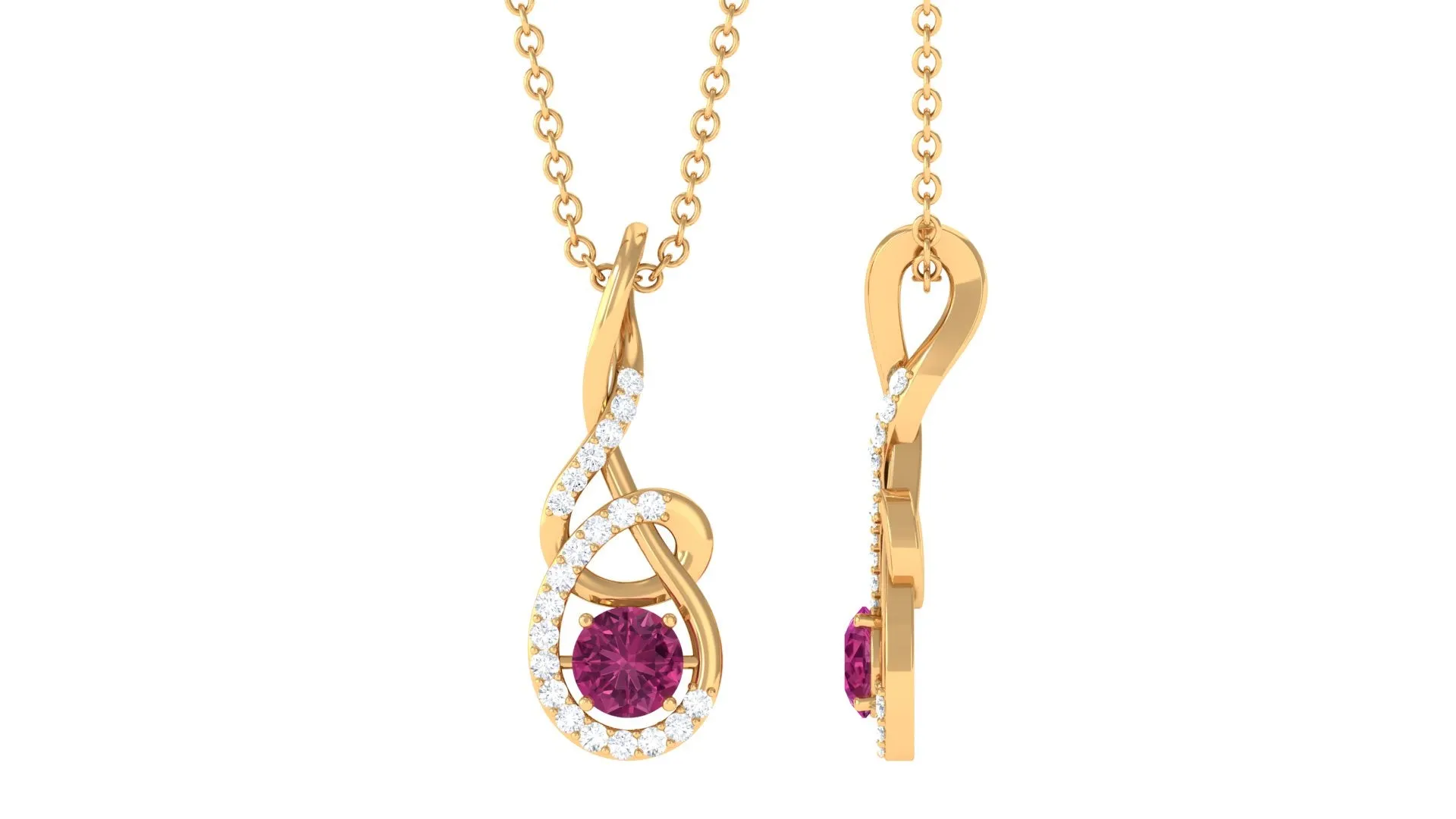 Round Pink Tourmaline and Diamond Twisted Pendant Necklace