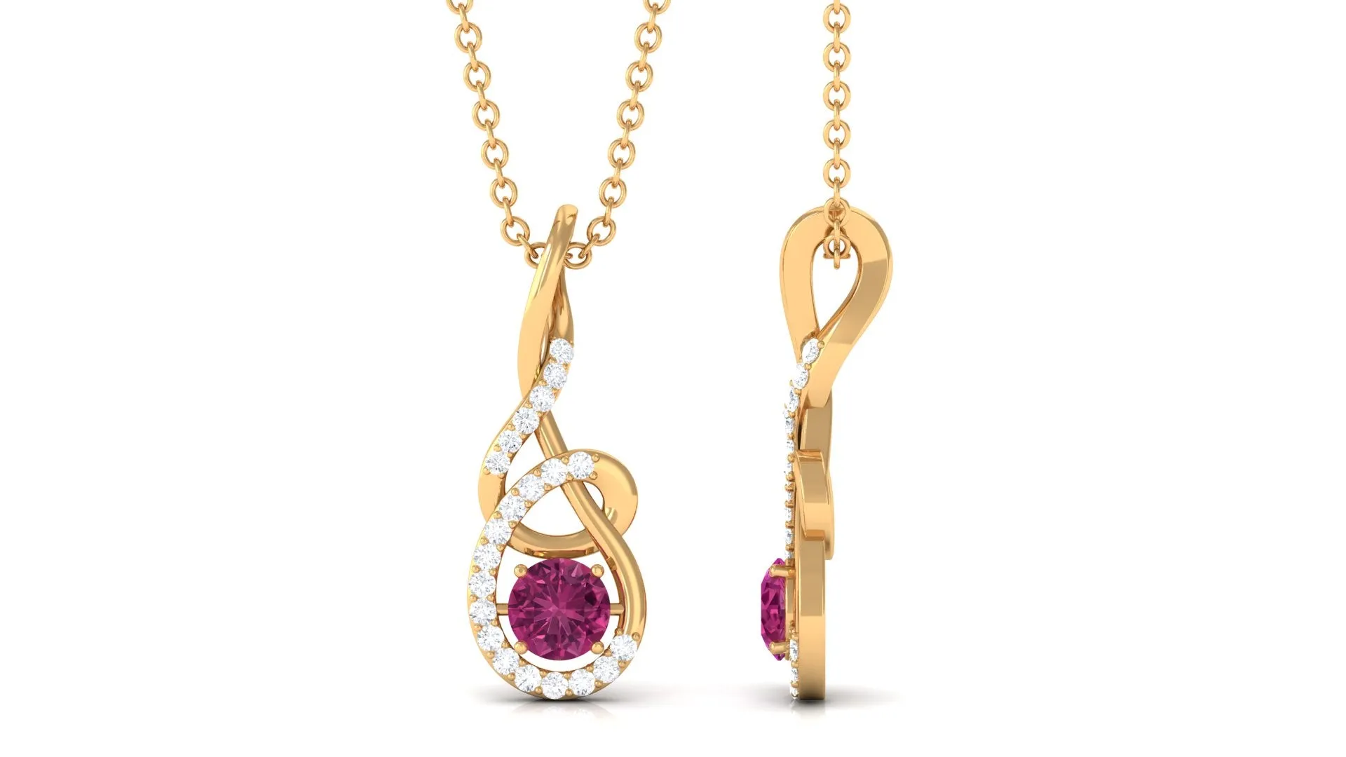 Round Pink Tourmaline and Diamond Twisted Pendant Necklace