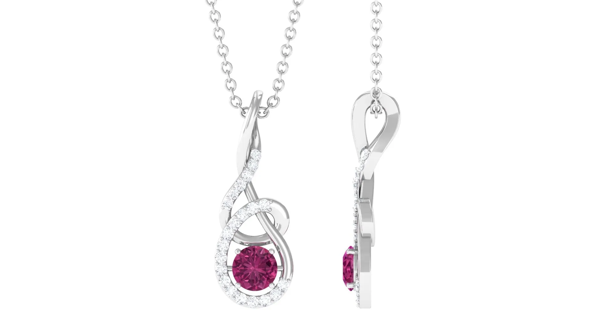 Round Pink Tourmaline and Diamond Twisted Pendant Necklace