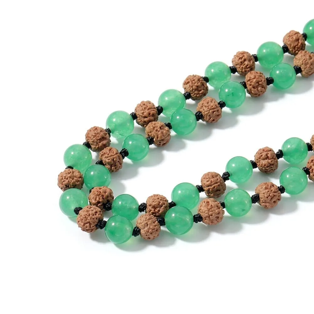 Rudraksha & Green Aventurine Beaded Knotted Mala Necklace