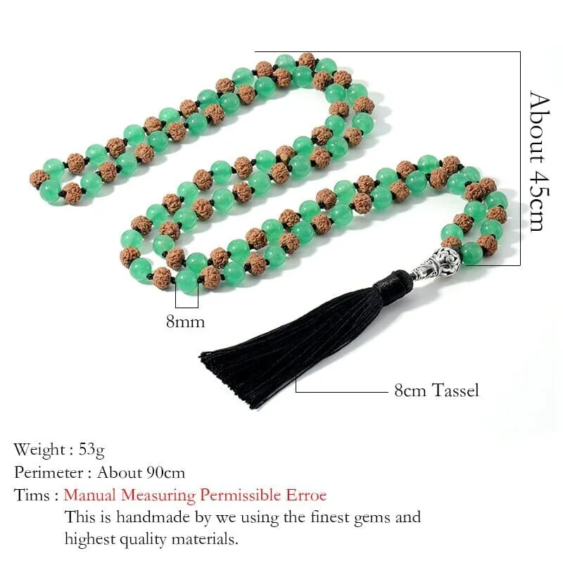 Rudraksha & Green Aventurine Beaded Knotted Mala Necklace