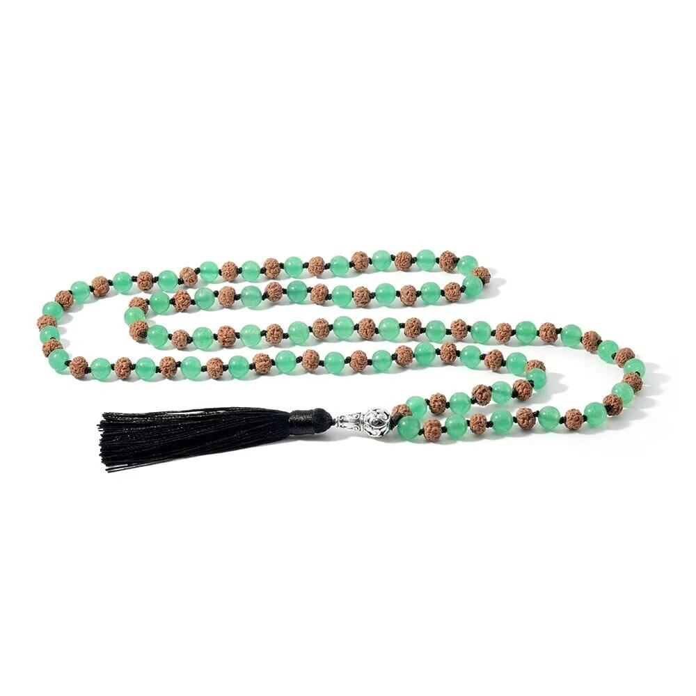 Rudraksha & Green Aventurine Beaded Knotted Mala Necklace