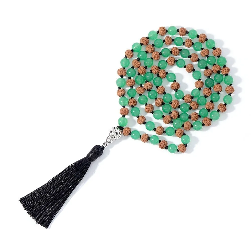 Rudraksha & Green Aventurine Beaded Knotted Mala Necklace