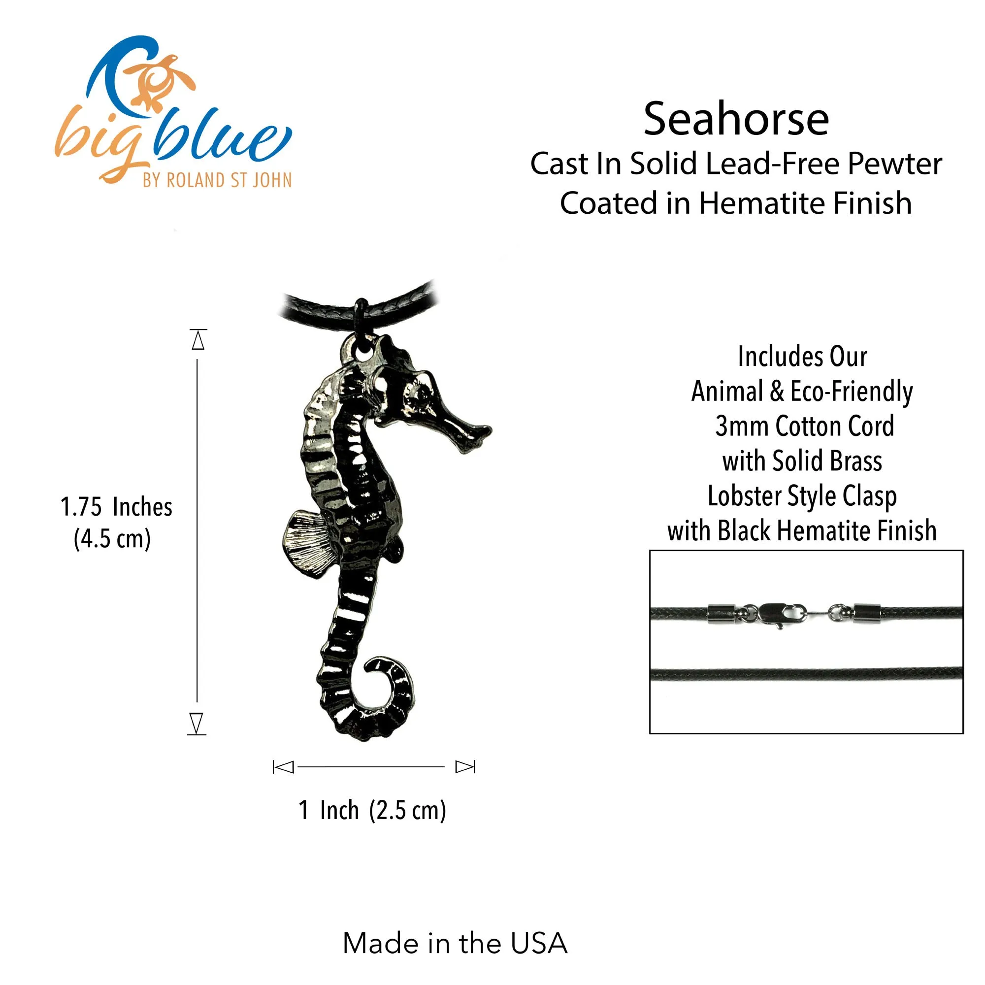 Seahorse Necklace for Women Black - Jet Black Seahorse Jewelry, Gift for Seahorse Lover, Seahorse Charm, Seahorse Pendant Hematite Look