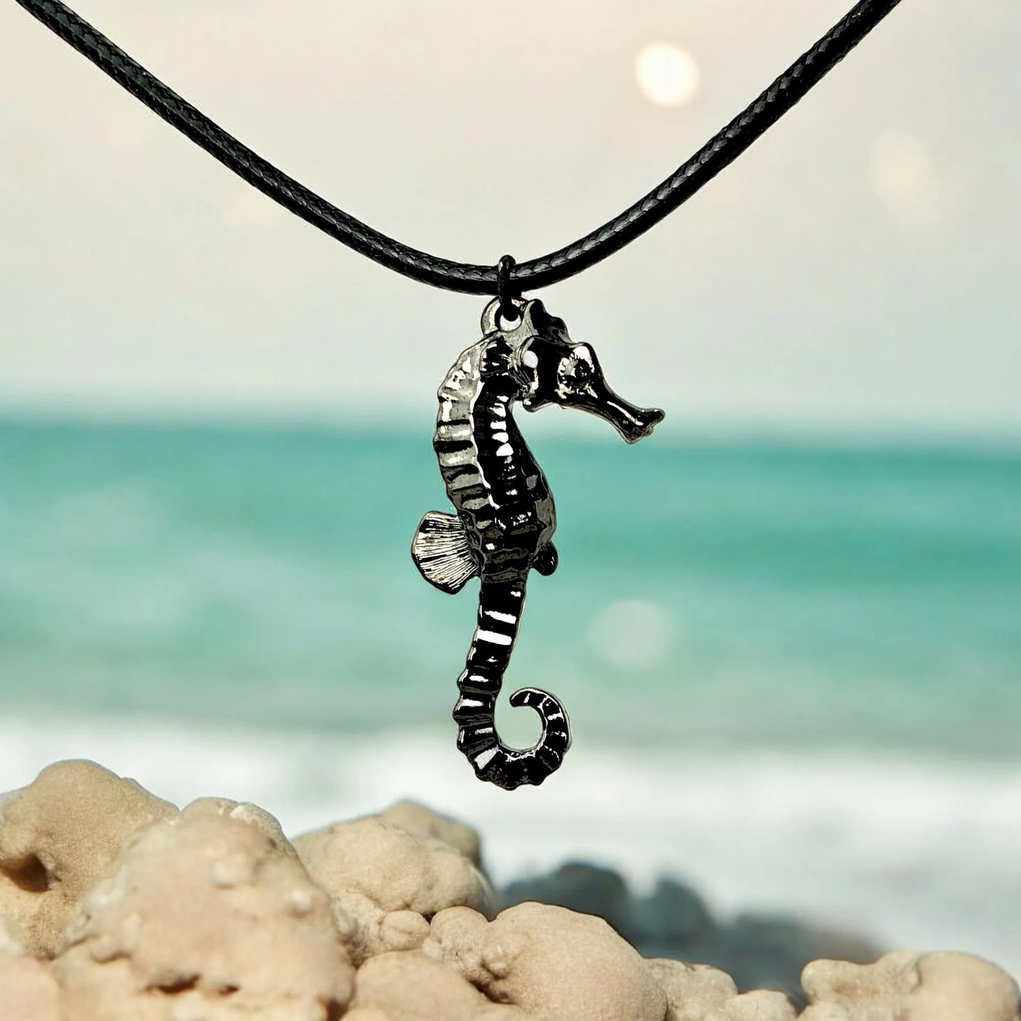 Seahorse Necklace for Women Black - Jet Black Seahorse Jewelry, Gift for Seahorse Lover, Seahorse Charm, Seahorse Pendant Hematite Look