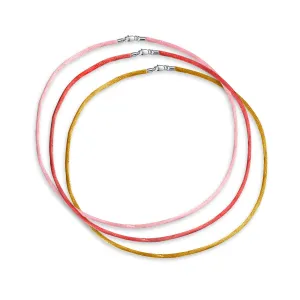 Set of Three Satin Cord Necklaces Pink Red Yellow 16" with Silver Clasp