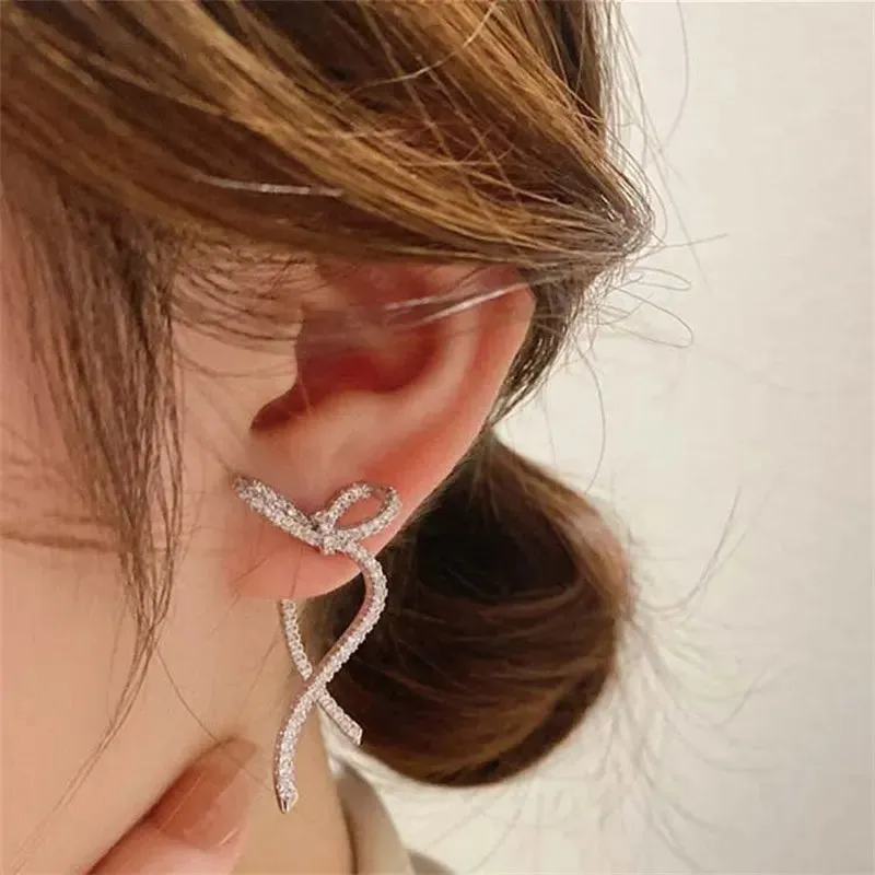 Silver Color Ribbon Bow Korean Style Rhinestone Wedding Fashion Earring