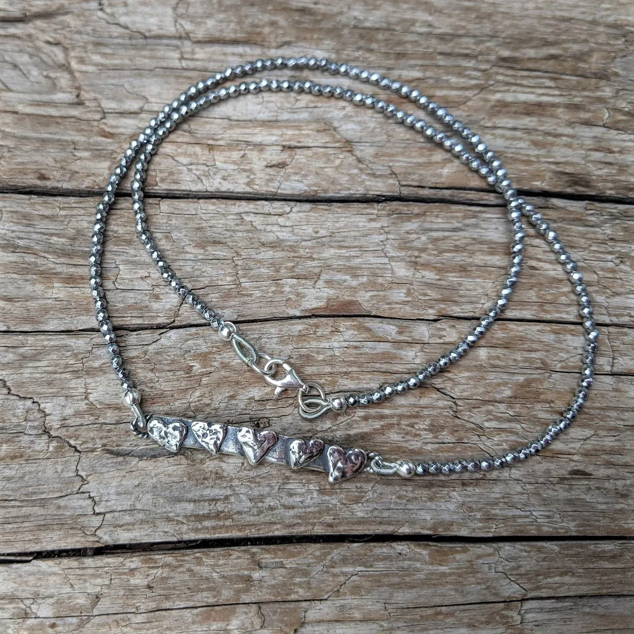 Silver Hematite & Hearts Thin Gemstone Necklace