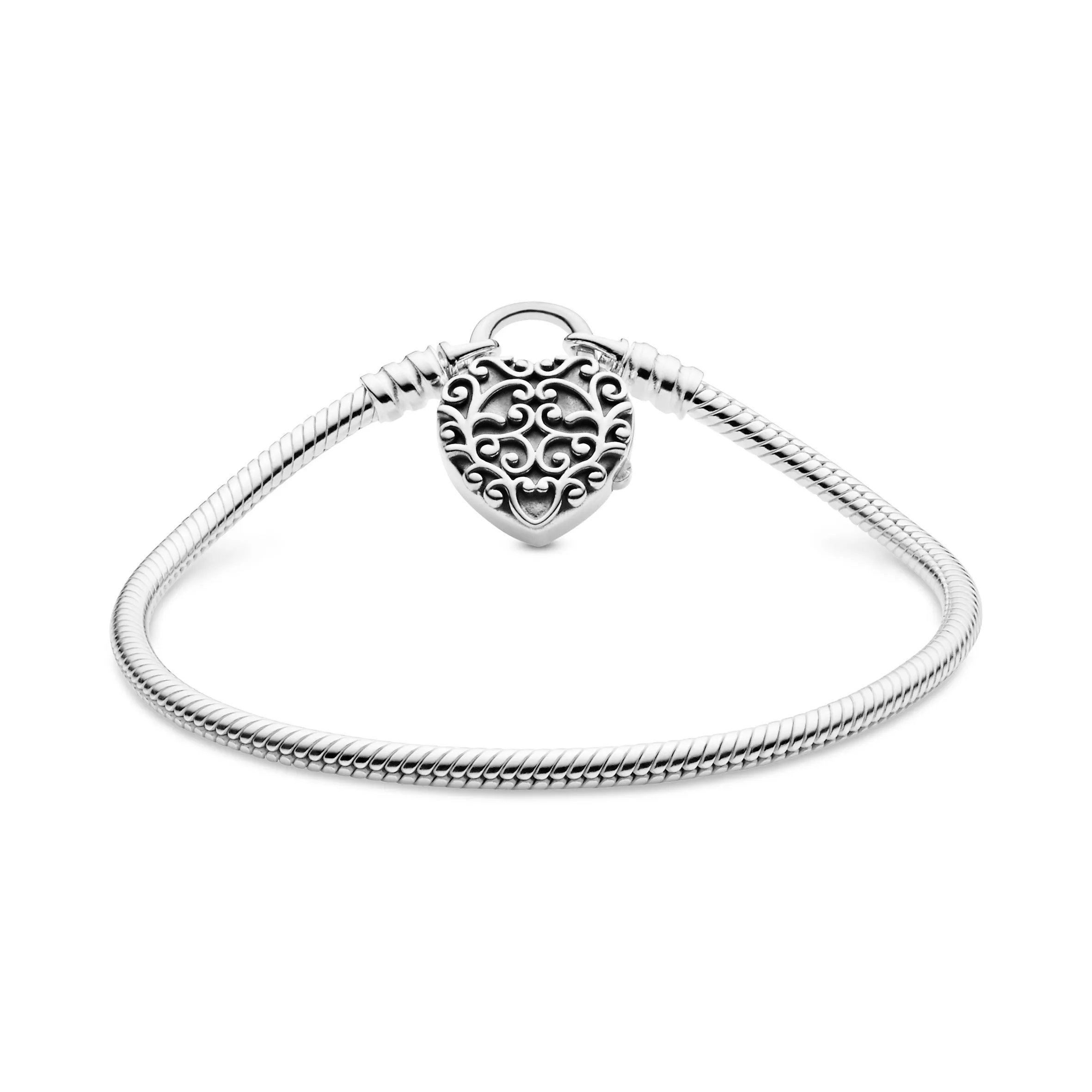 Snake chain silver bracelet and regal pattern heart padlock clasp