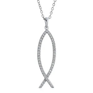 Sterling Silver Jesus Fish Ichthys Pendant Necklace with Pave Cubic Zirconia