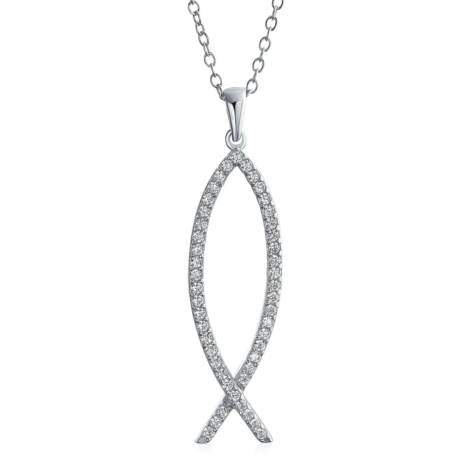 Sterling Silver Jesus Fish Ichthys Pendant Necklace with Pave Cubic Zirconia