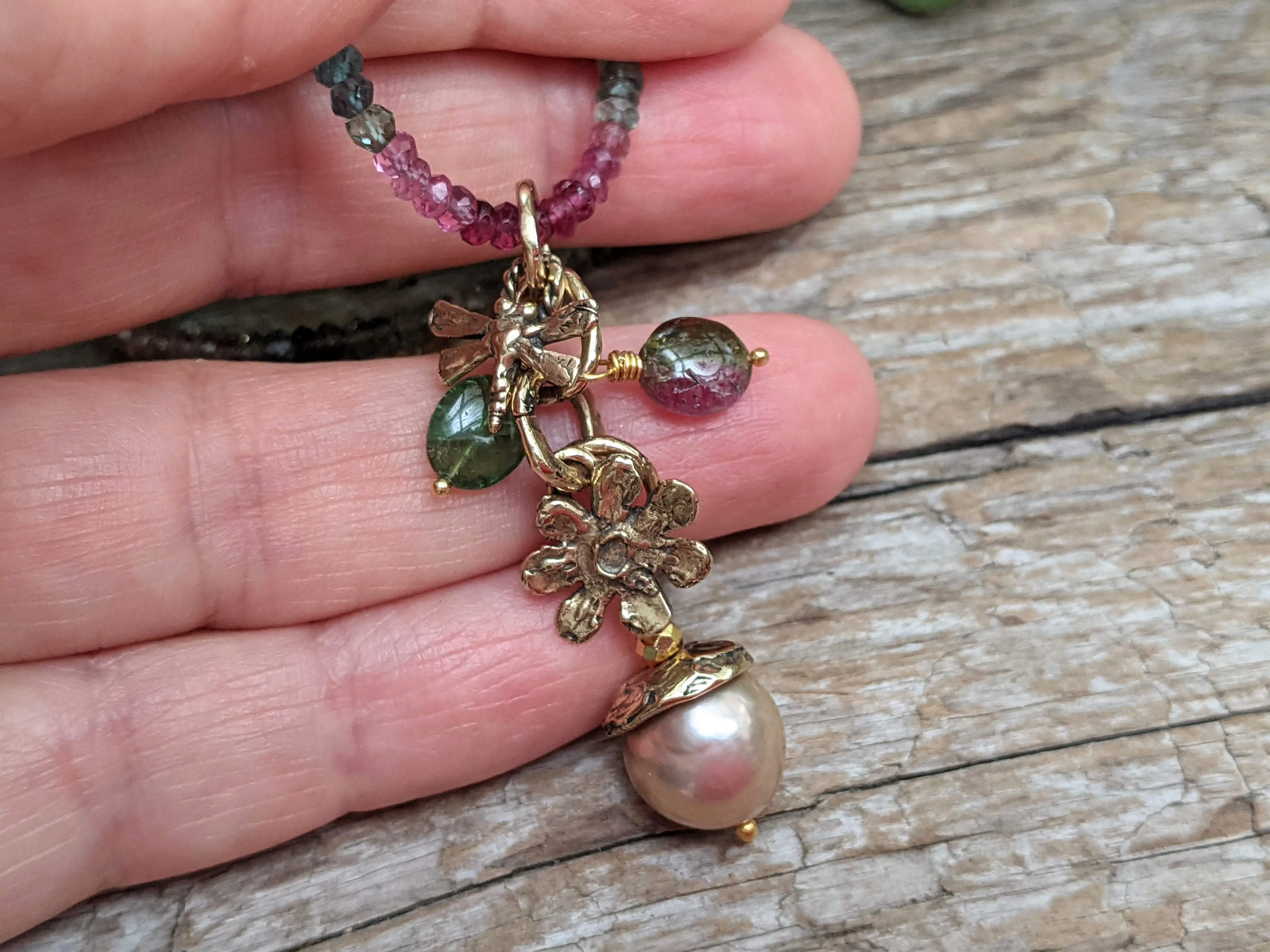 Tourmaline Necklace & Pink Edison Pearl Pendant