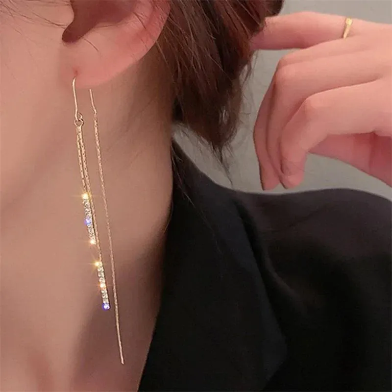 Trendy Long Wire Tassel Thread Chain Climb Pearl Zircon Beads Pendants Drop Women's Rhinestone Accessories 2024 Earring