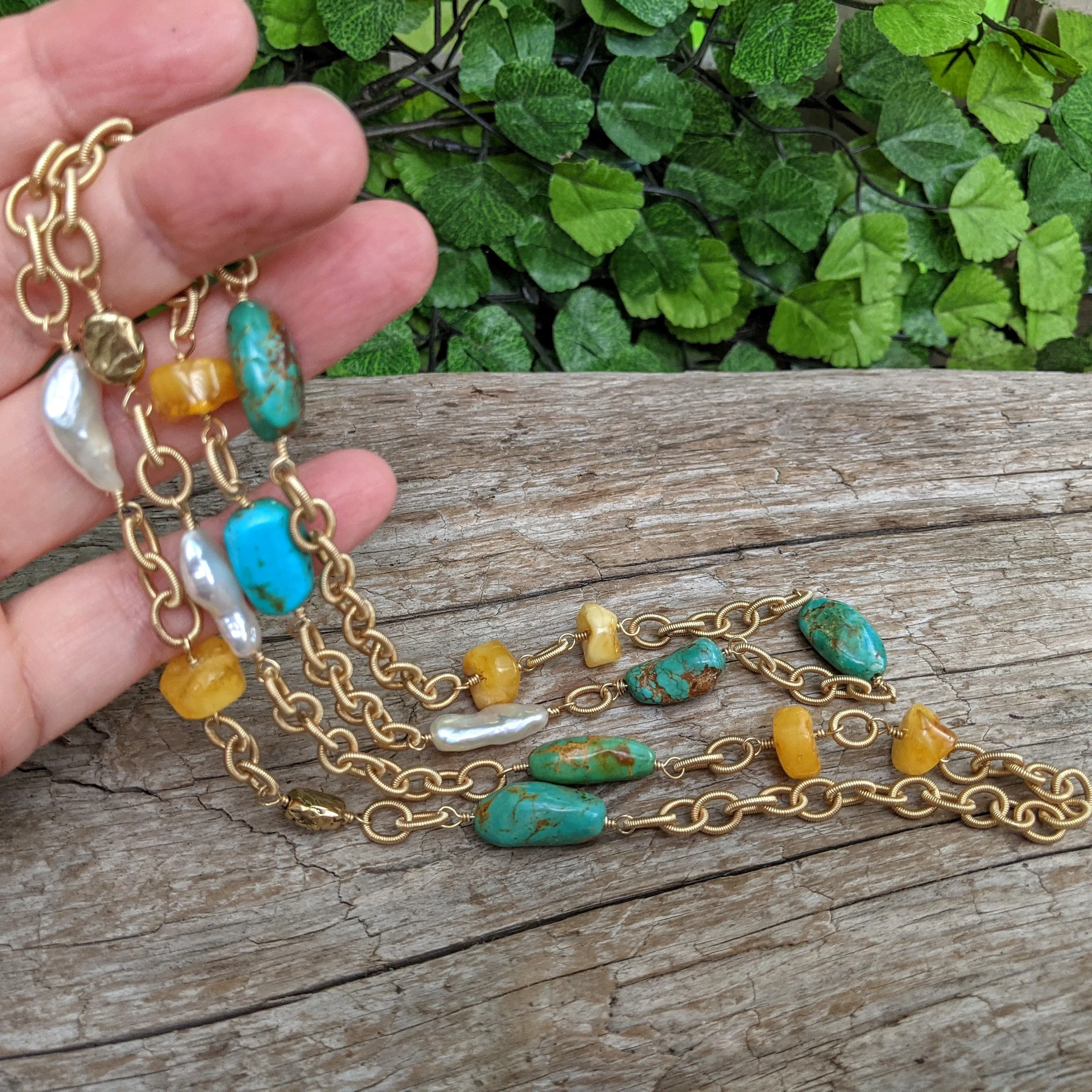 Turquoise, Amber & Pearls Rustic Necklace