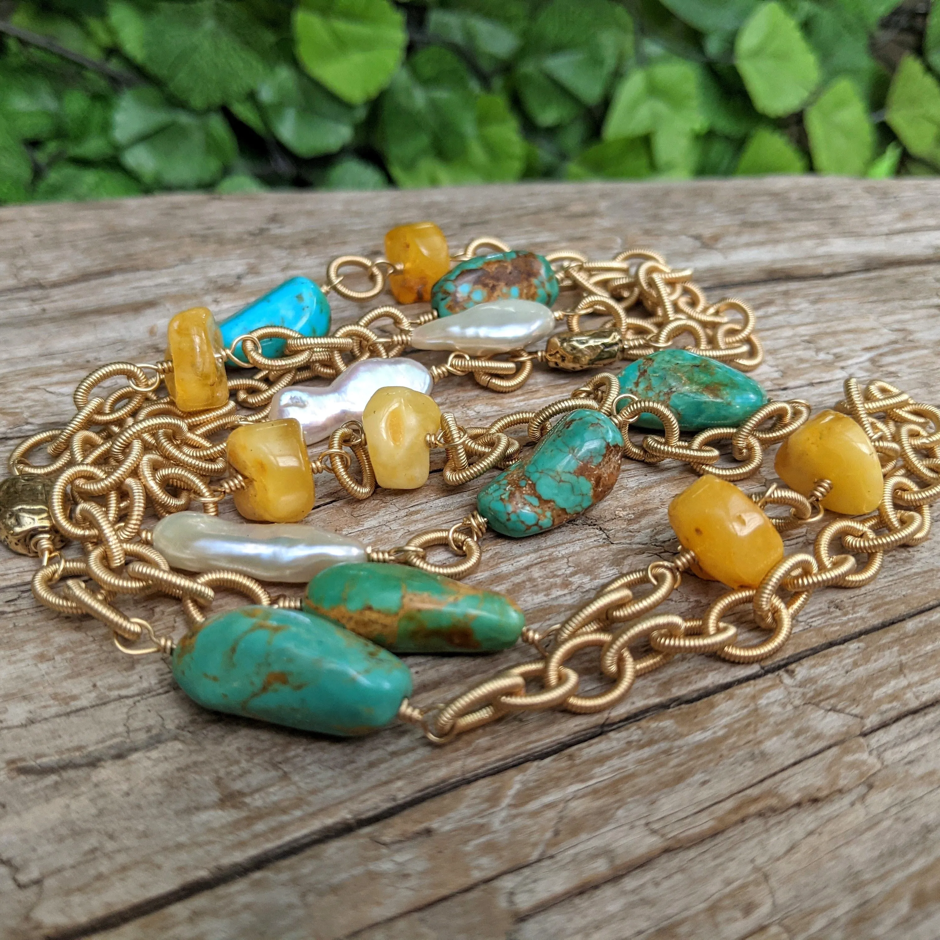 Turquoise, Amber & Pearls Rustic Necklace