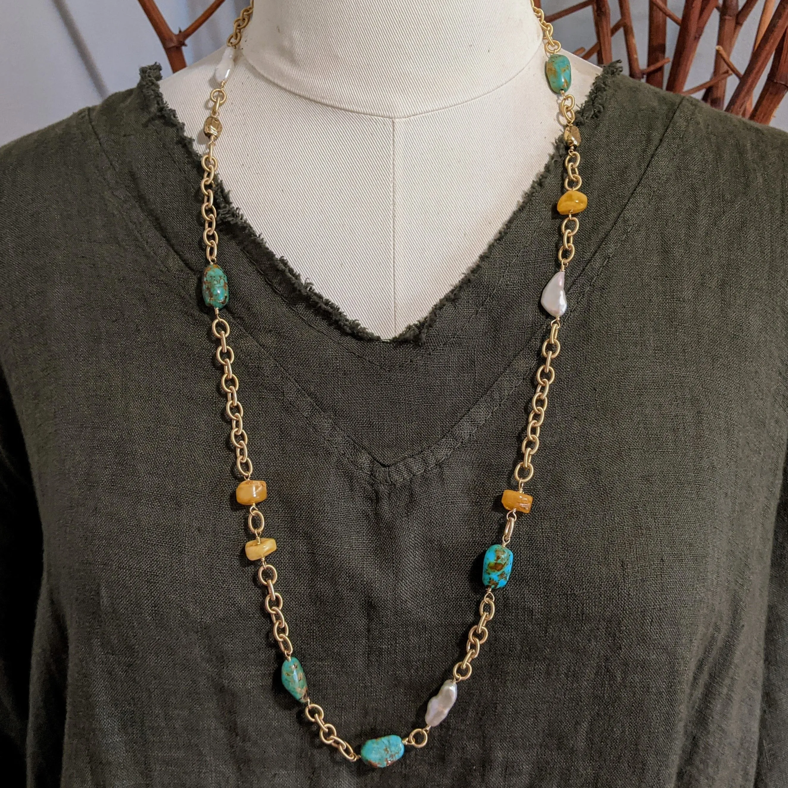 Turquoise, Amber & Pearls Rustic Necklace