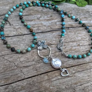 Turquoise Necklace & Pearl  Flower Pendant