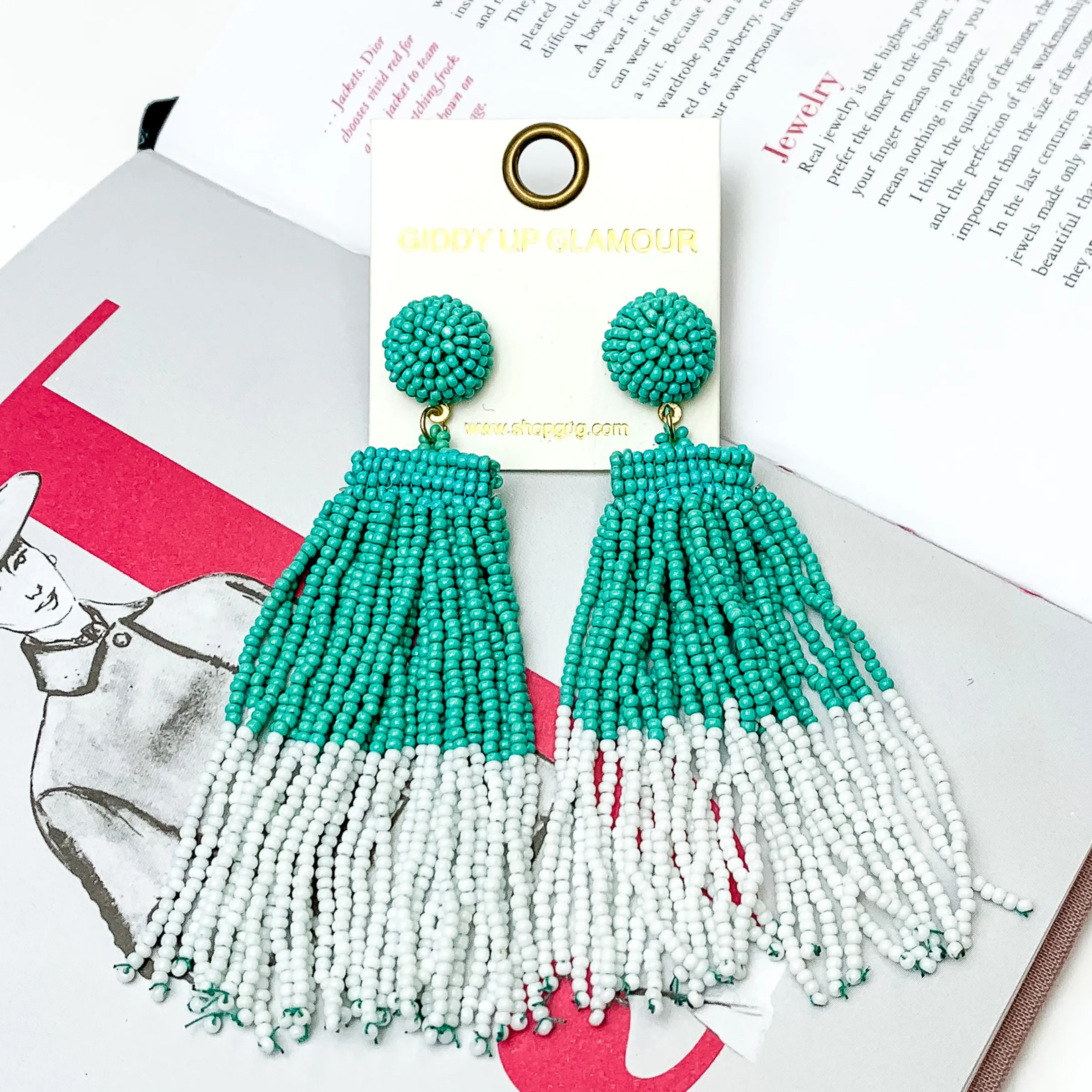 Two Toned Beaded Tassel Fringe Earrings in Turquoise and White