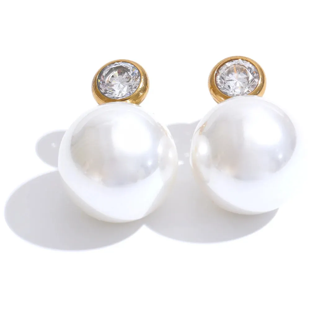 VAIGE Elegant Imitation Pearl and Zircon Round Stud Earrings in Stainless Steel - Trendy Fashion Jewelry Gift