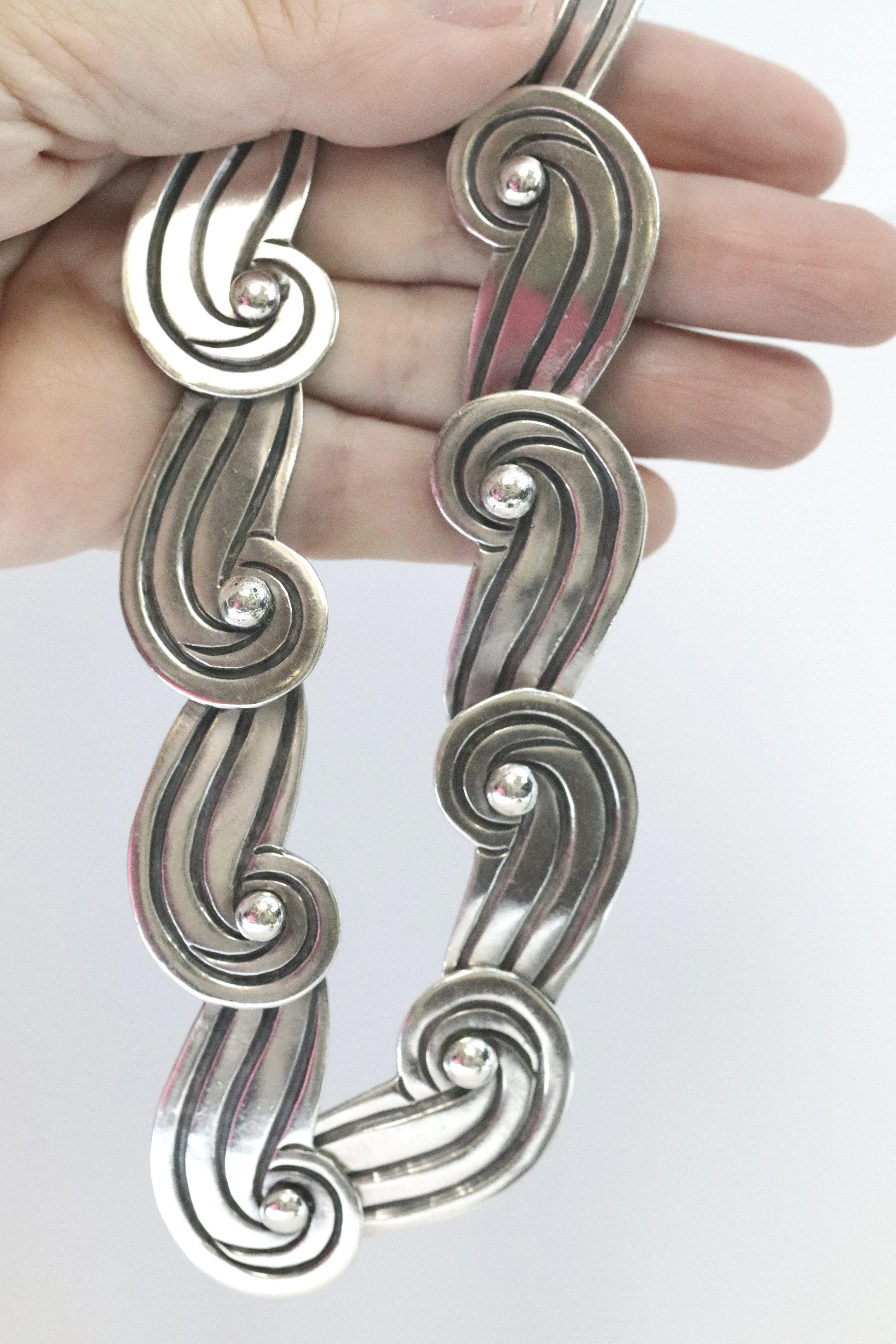 Vintage Los Castillo Taxco Mexican Jewelry | Swirl Panel Linked Necklace