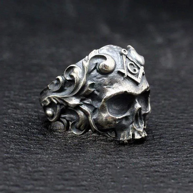 Vintage Vine Sterling Silver Skull Masonic Ring