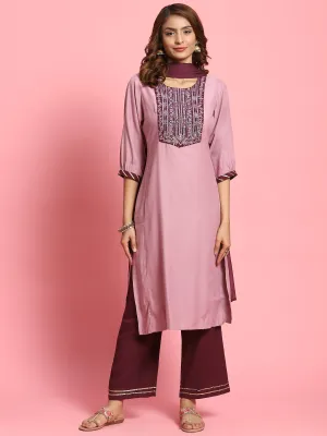 Women Lilac Embroidered Kurta Wide Pant Dupatta