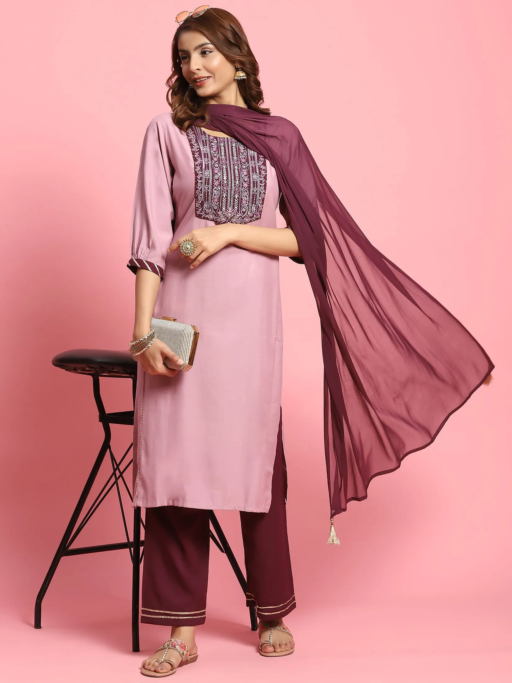 Women Lilac Embroidered Kurta Wide Pant Dupatta