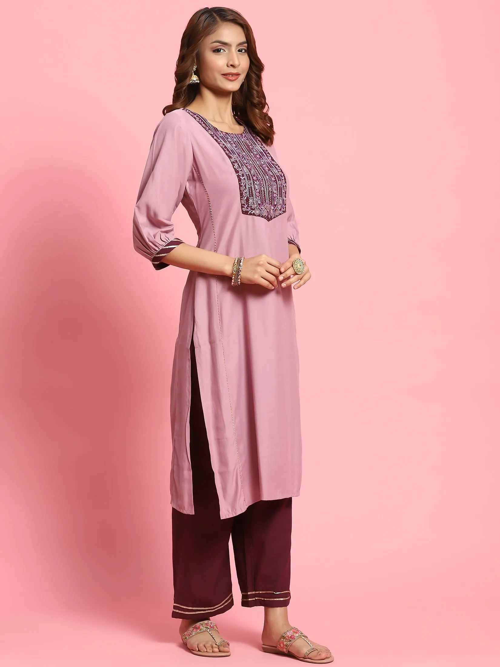 Women Lilac Embroidered Kurta Wide Pant Dupatta