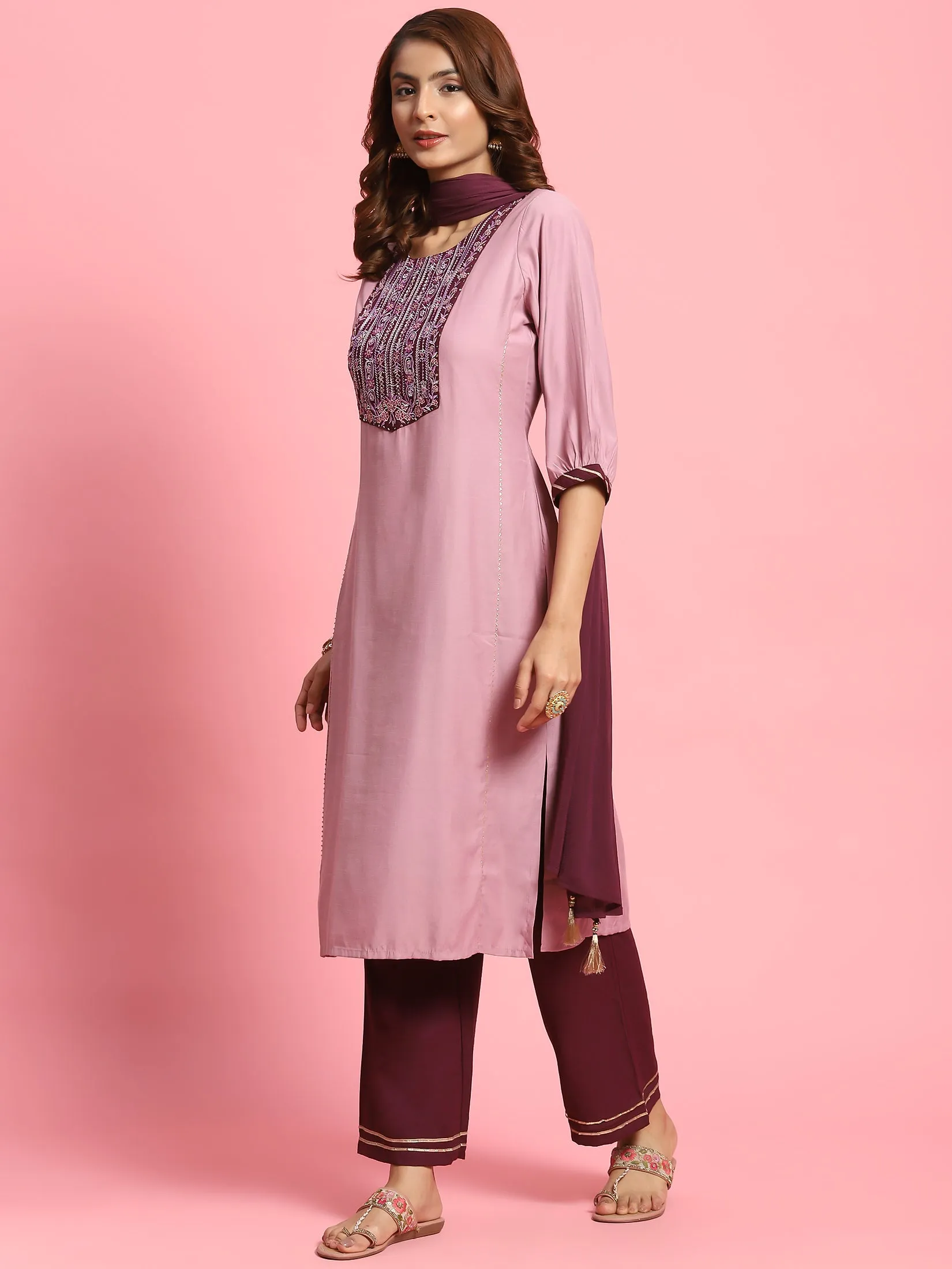 Women Lilac Embroidered Kurta Wide Pant Dupatta