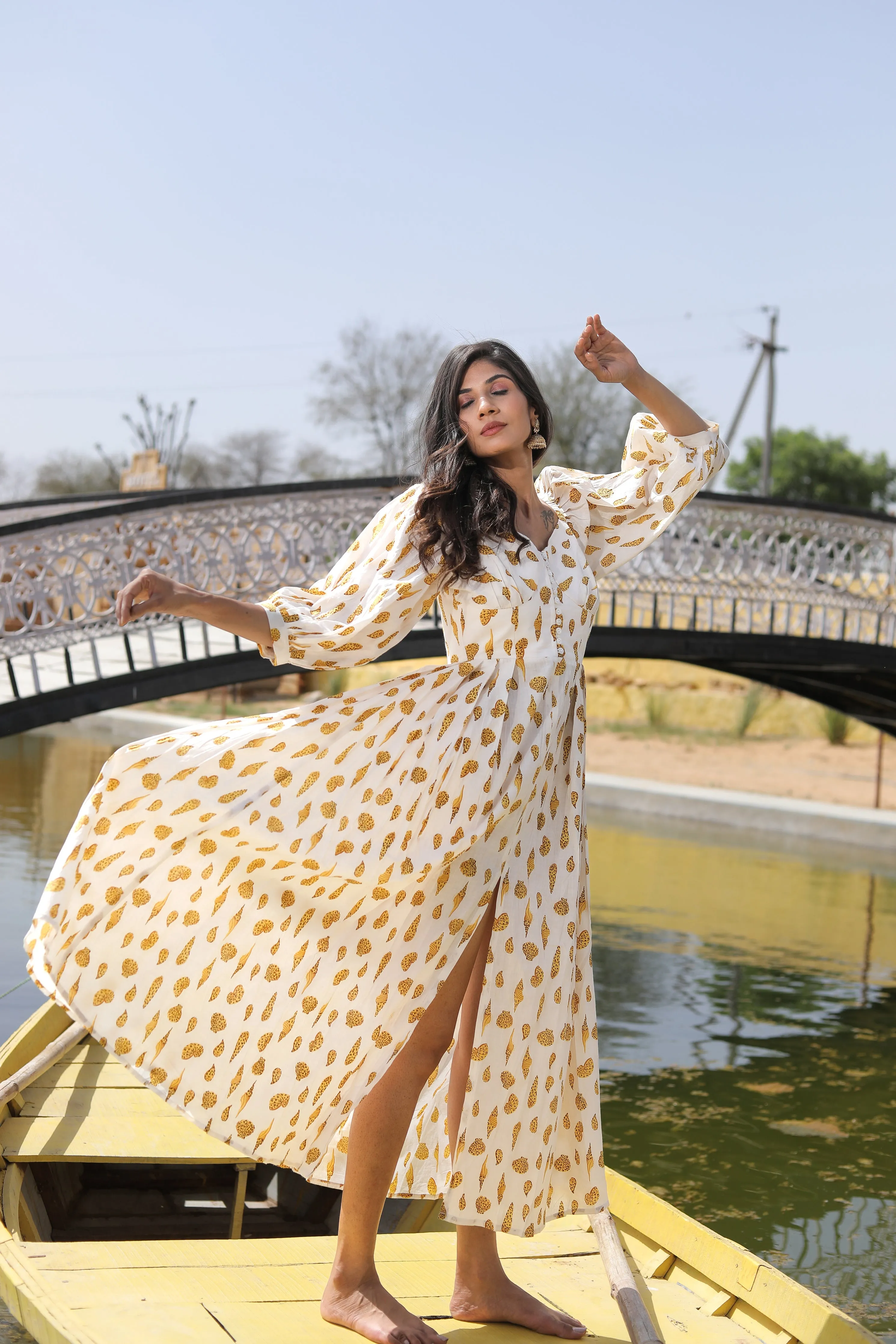 yellow maxi dress with fluffy sleeves on cotton