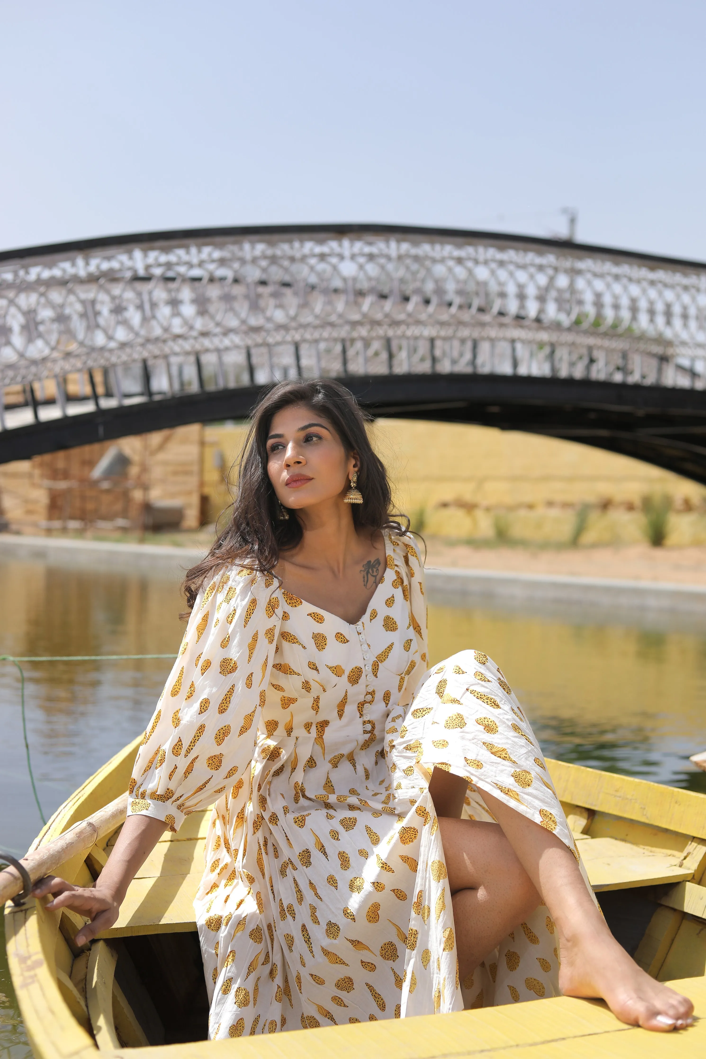 yellow maxi dress with fluffy sleeves on cotton